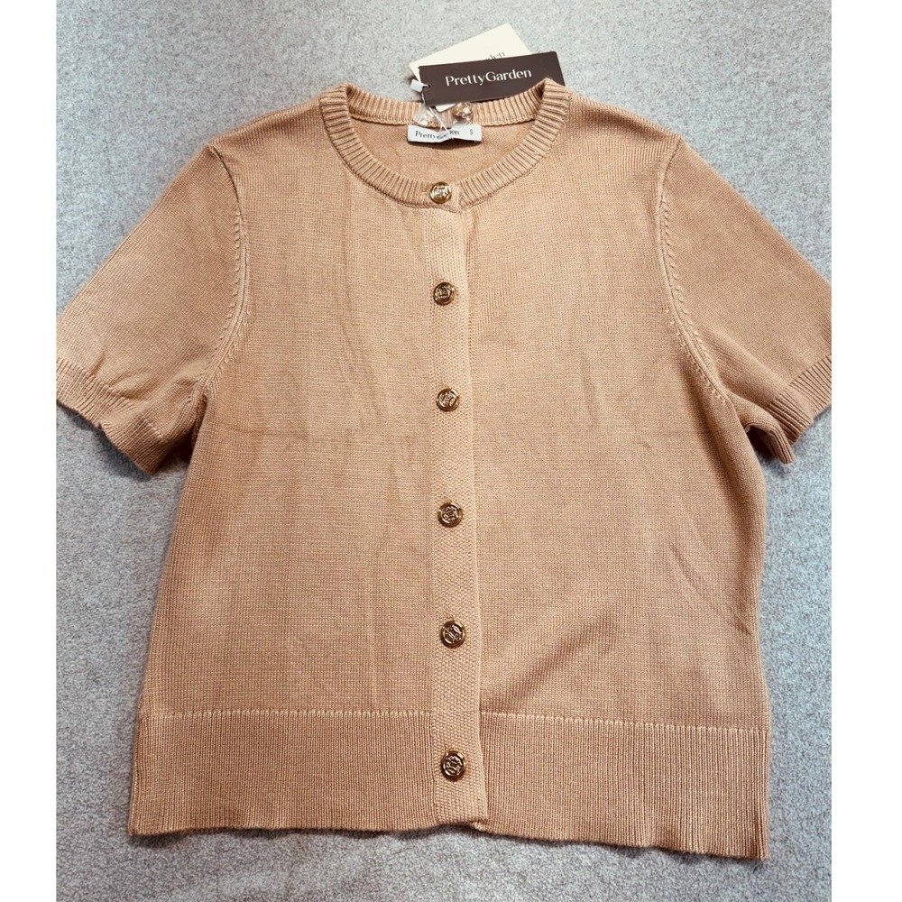 PrettyGarden Womens S Short Sleeve Knit Cardigan Beige Gold Button Sweater NWT